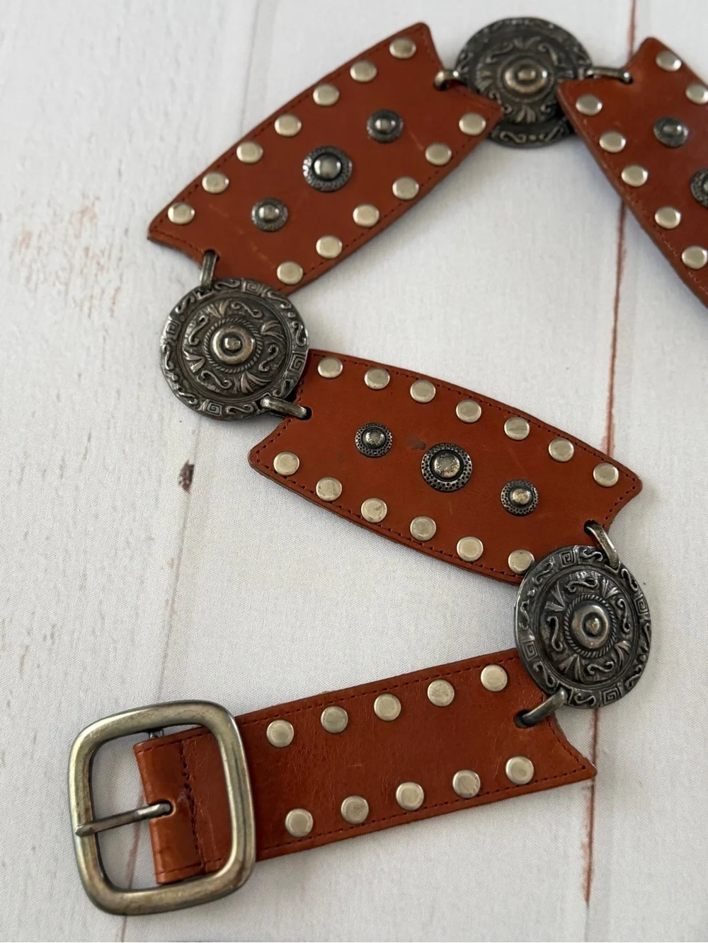 Etcetera Western Concho Studded Leather Belt Brown Boho Southwestern Belt